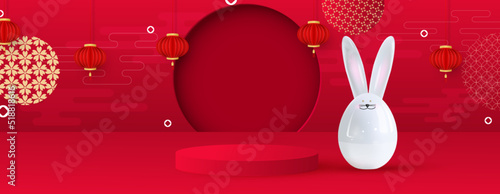 Platform and podium for presentations. Festive Christmas background, ceramic hare, hanging lanterns, traditional patterns. Happy new year of the rabbit. Vector