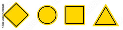 Icon set with empty space for your text or image. Yellow collection icon or sign on a white isolated background with edging. Variations of rhombic, round, square and triangular signs. 