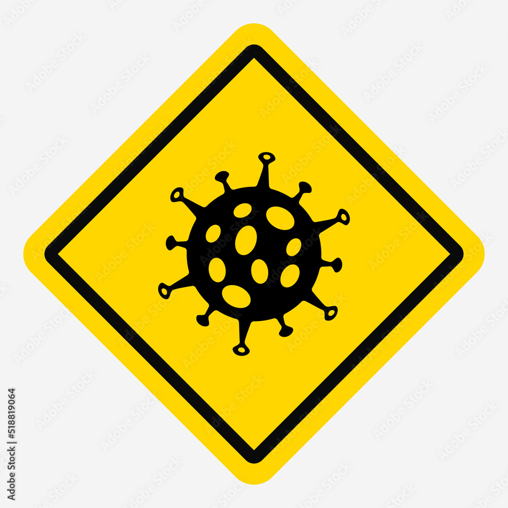Icon of the possibility of infection with a virus. Danger. Do not enter. Icon sign of the virus on a yellow background with edging. Rhombus sign. Vector illustration on a white, isolated background. Icon of the possibility of infection with a virus. Danger. Do not enter. Icon sign of the virus on a yellow background with edging. Rhombus sign. Vector illustration on a white, isolated background.