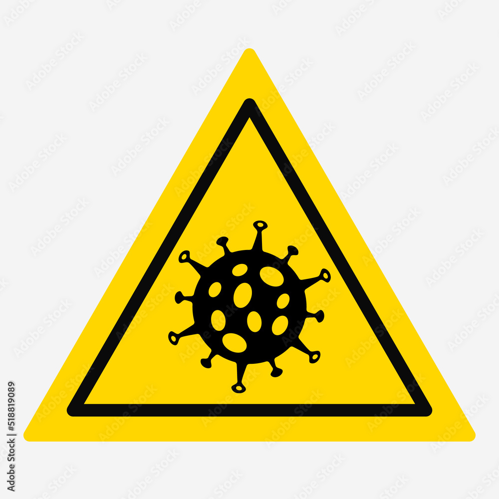 Icon of the possibility of infection with a virus. Danger. Do not enter. Icon sign of the virus on a yellow background with edging. Triangle sign. Vector illustration on a white, isolated background. Icon of the possibility of infection with a virus. Danger. Do not enter. Icon sign of the virus on a yellow background with edging. Triangle sign. Vector illustration on a white, isolated background.