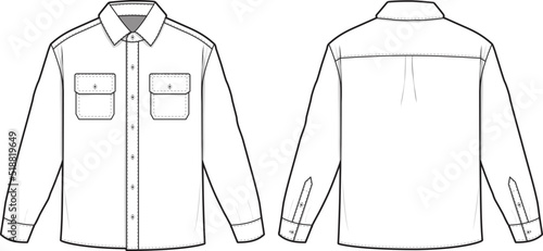 Flannel Collared Button Shirt Flat Technical Drawing Illustration Blank Mock-up Template for Design and Tech Packs CAD Technical Sketch