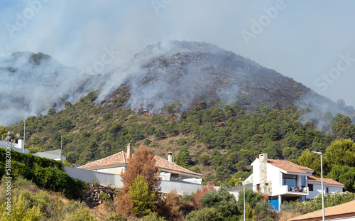Fire dangerously approaching homes in Pinos de Alhaurín. Forest fire in the Sierra de Mijas in Malaga, Spain..