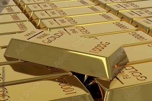3D render Gold bars in bank vault Storage 1kg 999,9 Fine Gold bar ingots background. photo