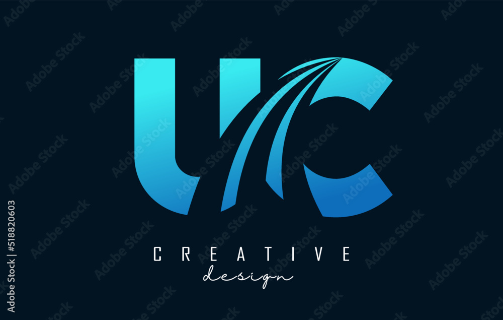 Creative blue letters UC u c logo with leading lines and road concept design. Letters with geometric design. Creative blue letters UC u c logo with leading lines and road concept design. Letters with geometric design.