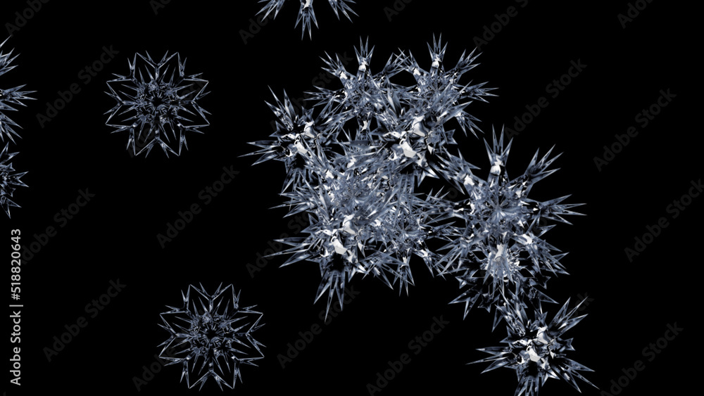Futuristic shiny pieces of shattered ice from an unidentified planet are flying at high speed in outer space. 3D. 4K. Isolated black background. Futuristic shiny pieces of shattered ice from an unidentified planet are flying at high speed in outer space. 3D. 4K. Isolated black background.