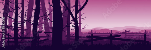 forest landscape with spooky dead tree silhouette vector illustration good for wallpaper, background, backdrop, banner, adventure, travel, tourism and template