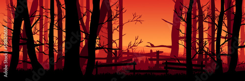 forest landscape with spooky dead tree silhouette vector illustration good for wallpaper, background, backdrop, banner, adventure, travel, tourism and template