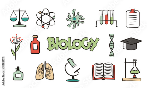 Set of hand drawn biologic school icons. Pictograms of experiments, amoeba, plants, biology, study and other. Vector illustration for school and education projects.