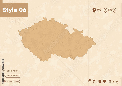 Czech Republic - map in vintage style, retro style map, sepia, vintage. Vector map.
