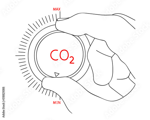 Hand turn knob for reduce levels of CO2. Lower CO2 emissions to limit global warming and climate change. Concept to reduce levels of CO2. Editable hand drawn contour. Vector