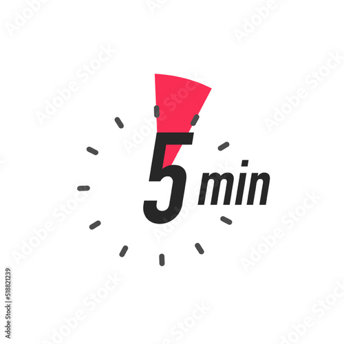 Icon 5 minutes timer color style isolated on white background. Clock, stopwatch, cooking time label. Vector 10 eps