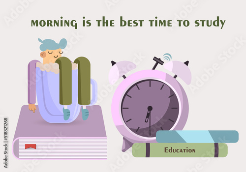 Alarm clock with speech bubble. TCharacter soaking in a cup of coffee. Cheerful early morning concept. Study, education, learning, student concept. . Vector illustration for poster, banner, website.