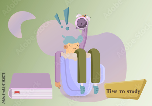 Character soaking in a cup of coffee. Cheerful early morning concept. Study, education, learning, student concept.  Early rise. Vector illustration for poster, banner, website.