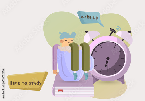Alarm clock with speech bubble. TCharacter soaking in a cup of coffee. Cheerful early morning concept. Study, education, learning, student concept.  Vector illustration for poster, banner, website.