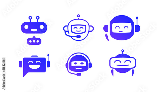 Chat bot vector icon set isolated on white background for virtual assistant icon, talk bubble speech icon, digital marketing, chat app, ai, artificial intelligence. 10 eps