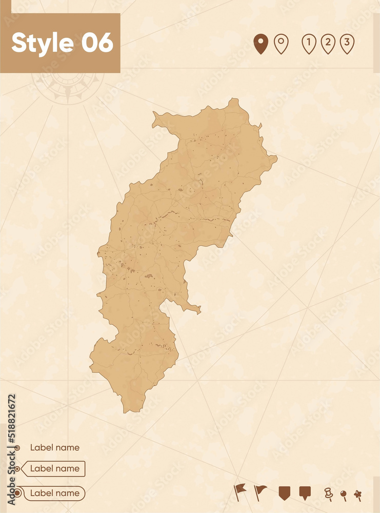 Chhattisgarh, India - map in vintage style, retro style map, sepia, vintage. Vector map.