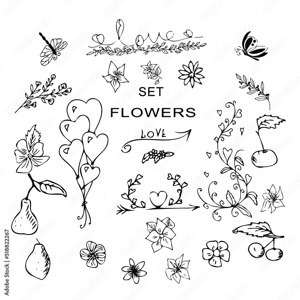 Heart flowers and an envelope. Doodle style.black and white line ...