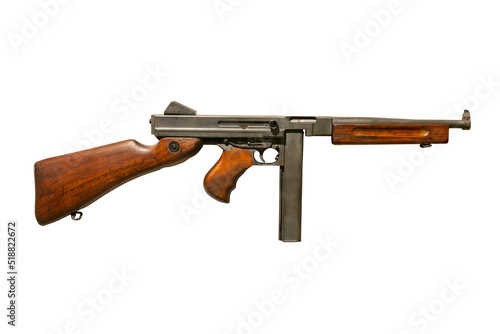 Thompson submachine gun World War II era isolated on white photo