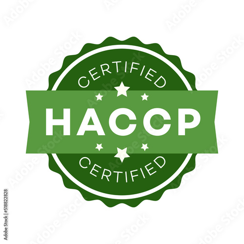 HACCP - Hazard Analysis Critical Control Points certified emblem color flat style isolated on white background. Award, checkmark, sign. 10 eps