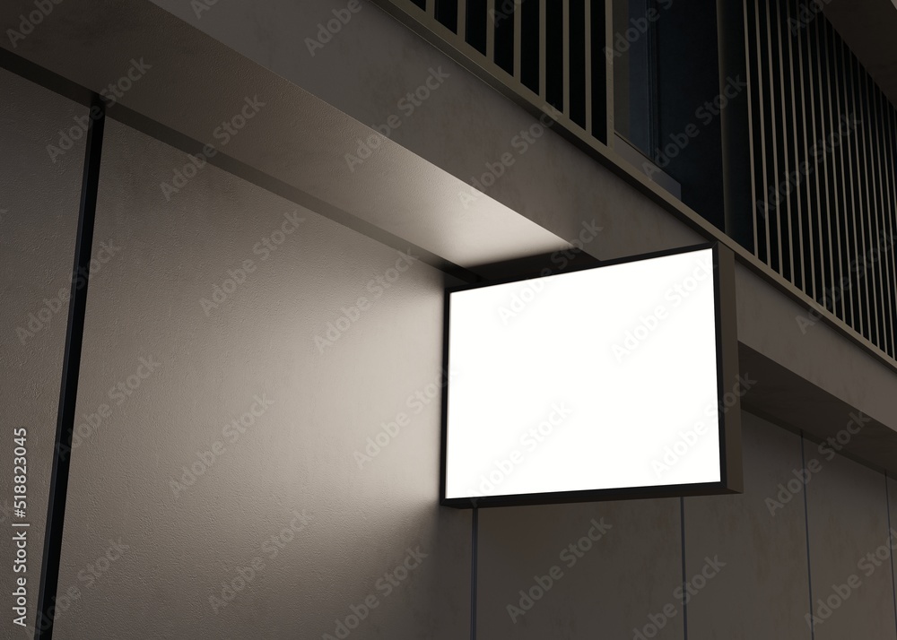 Blank signboard mock up, on the facade. Copy space for your store sign or logo. Modern empty outdoor signage, mockup to add company logo. Store Signboard. Illuminated lightbox on dark wall. 3d render. Blank signboard mock up, on the facade. Copy space for your store sign or logo. Modern empty outdoor signage, mockup to add company logo. Store Signboard. Illuminated lightbox on dark wall. 3d render.