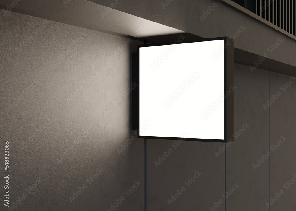 Blank signboard mock up, on the facade. Copy space for your store sign or logo. Modern empty outdoor signage, mockup to add company logo. Store Signboard. Illuminated lightbox on dark wall. 3d render. Blank signboard mock up, on the facade. Copy space for your store sign or logo. Modern empty outdoor signage, mockup to add company logo. Store Signboard. Illuminated lightbox on dark wall. 3d render.