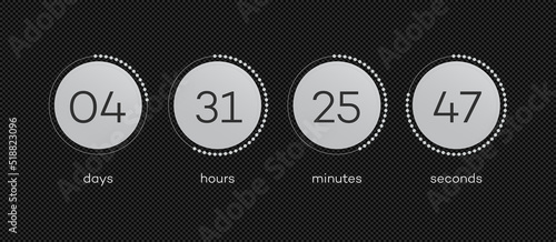 Vector time remaining template with circle coutdown of days, hours, minutes, seconds - web page upcoming event, UI app digital. Sale timer flip board. Illustration 10 eps