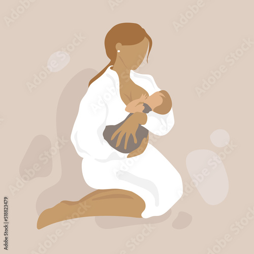 Mother feeding a baby with breast.Breastfeeding Concept vector illustration in cartoon style.Happy motherhood and women's health.Young woman holding her baby modern poster