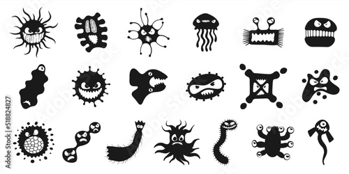 Microorganism virus vector cartoon bacteria germ character set. Bacterium illness infection collection microbiology illustration. Microbe pathogen monster organism black and white vector illustration