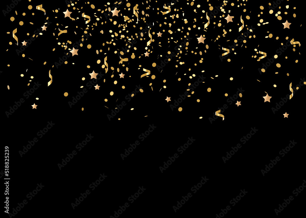Falling golden glitter confetti isolated on black background. Shiny particles. Party, Merry Christmas, Happy New year decoration. 3D rendering.