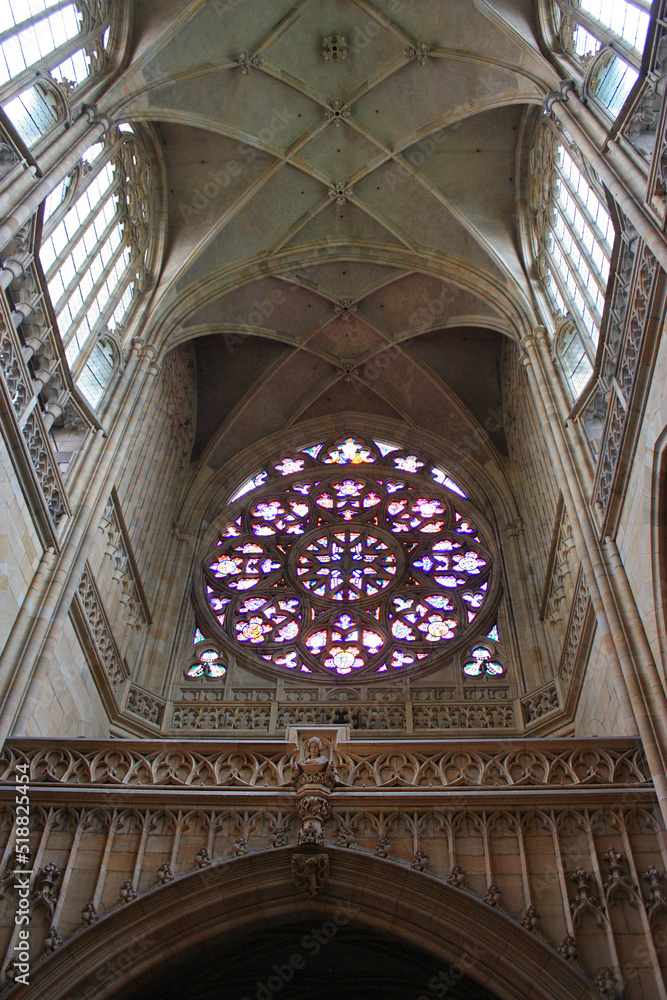 Stained-glass window of St. Vitus Cathedral in Prague, Czech Republic