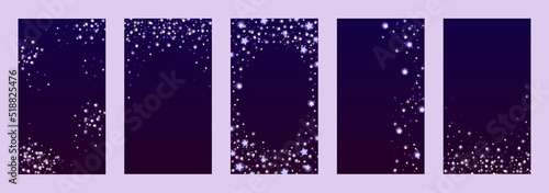 Dark template design with stardust. Shining sparks. Starfall. Set of abstract templates for banners, posters, stories, flyers, covers. Vector illustration.
