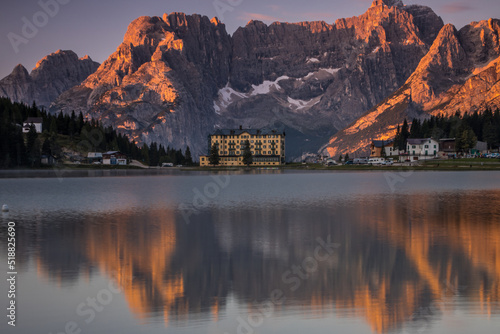 Sunrise over Lake Misurina in Dolomites