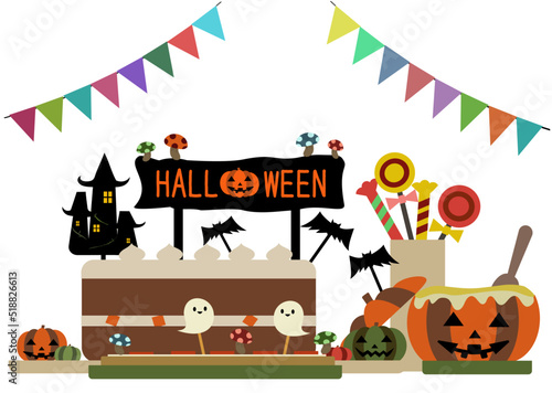 素材：ハロウィンパーティー用のケーキやグラタンなどの食事とお菓子のセット