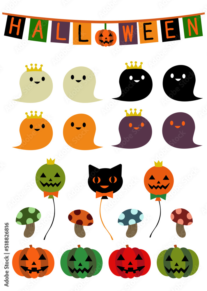 Obraz premium カラフルなハロウィン用の旗やお化け、ジャックオーランタンなどのイラスト素材セット