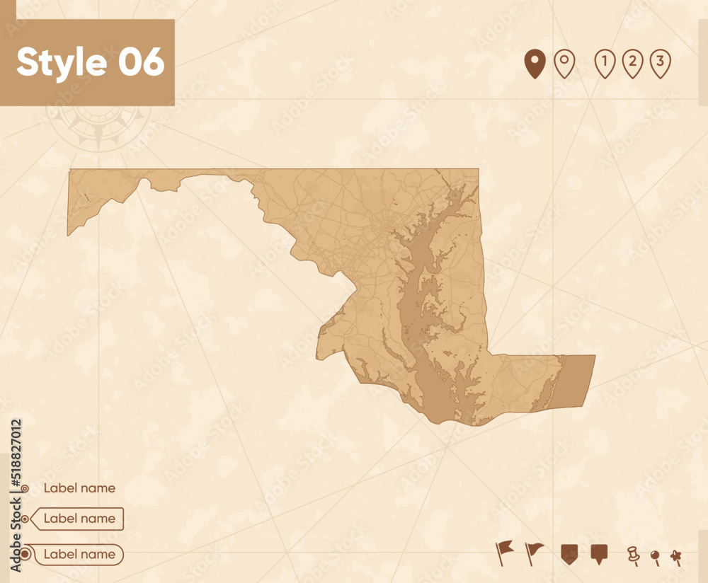 Maryland, USA - map in vintage style, retro style map, sepia, vintage. Vector map.
