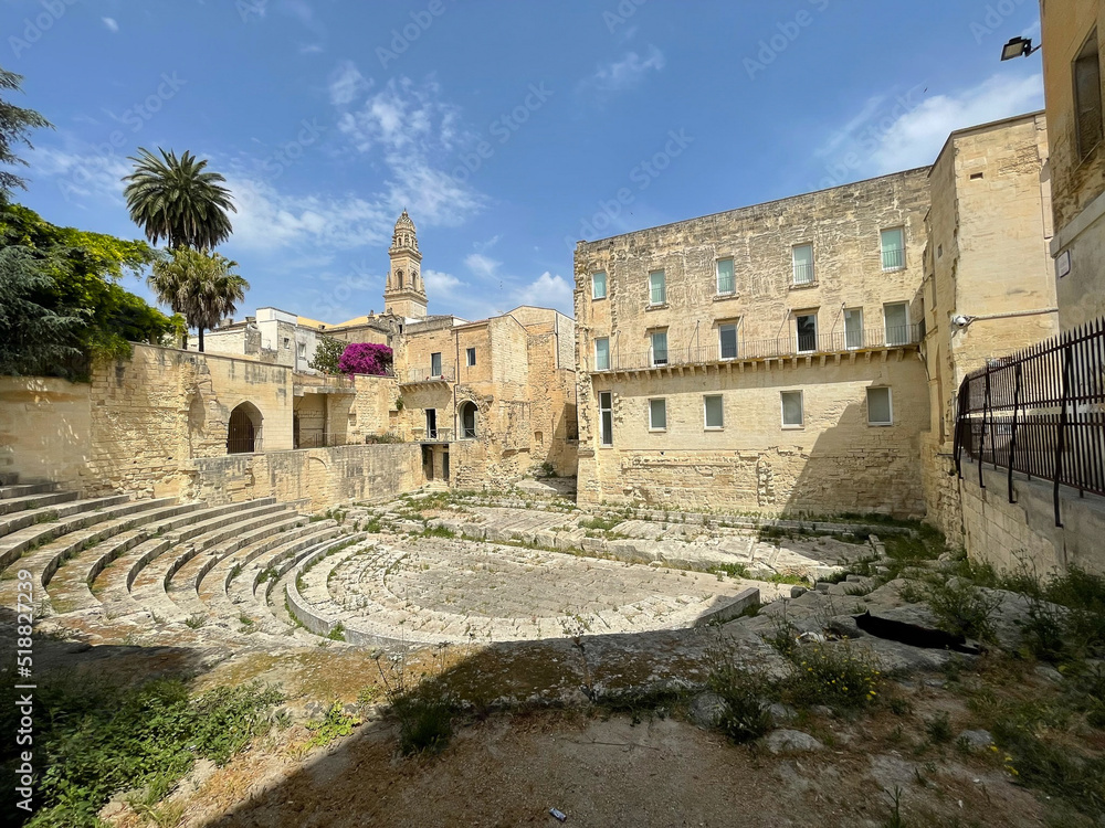 Small Roman Amphitheater in Lecce, Puglia, Italy hidden within residential neighborhood