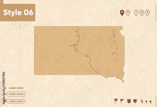 South Dakota, USA - map in vintage style, retro style map, sepia, vintage. Vector map.