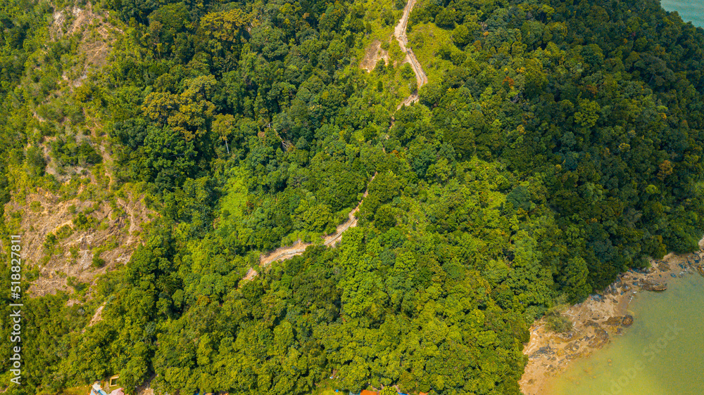Fototapeta premium Aerial drone view of a famous hiking hilltop in Pantai Marina Telaga Simpul, Kemaman, Terengganu, Malaysia.