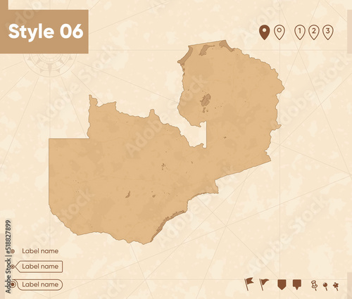 Zambia - map in vintage style, retro style map, sepia, vintage. Vector map.