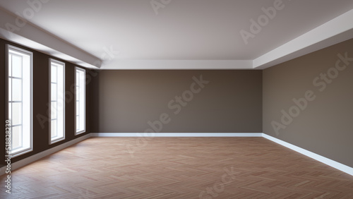 Beautiful Unfurnished Room with Brown Walls  White Ceiling and Cornice  Three Large Windows  Glossy Herringbone Parquet Flooring and a White Plinth. Interior Concept. 3d render. 8K Ultra HD  7680x4320