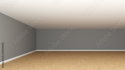 Interior Corner of the Room with Grey Walls, White Ceiling, Wooden Parquet Flooring and a White Plinth. Unfurnished Empty Room Concept, Frontal View. 3D Render, 8K Ultra HD, 7680x4320, 300 dpi © SK-Studio