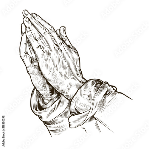 Black and white illustration of prayer hand. Vector hand drawn prayer hand