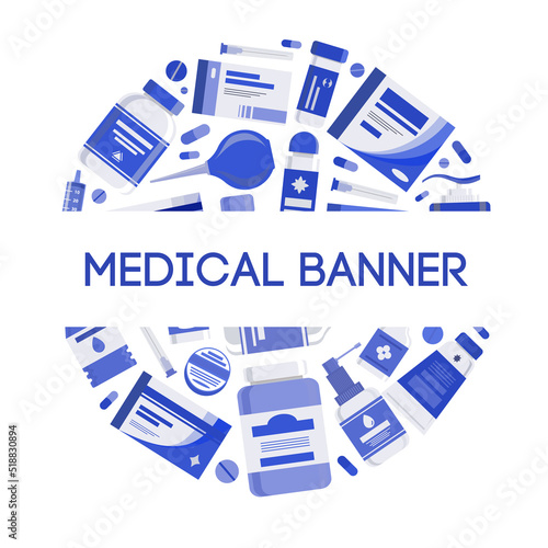 Medical vector concept illustration with medicine pills, capsules, bottles vitamins, tablets, drug, antibiotic healthcare. Pharmacy background. 10 eps.