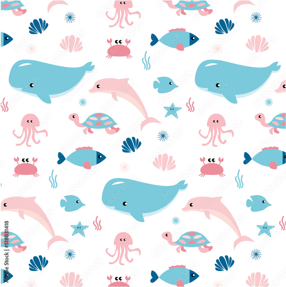 Obraz premium Sea life marine fish and animals flat cartoon illustration template. Dolphins and whales, sharks and octopuses, jellyfish and seahorses. Set of cute animals icons isolated on white background.