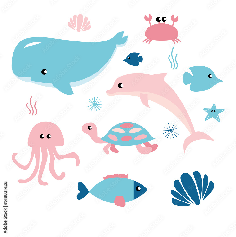 Fototapeta premium Sea life marine fish and animals flat cartoon illustration template. Dolphins and whales, sharks and octopuses, jellyfish and seahorses. Set of cute animals icons isolated on white background.