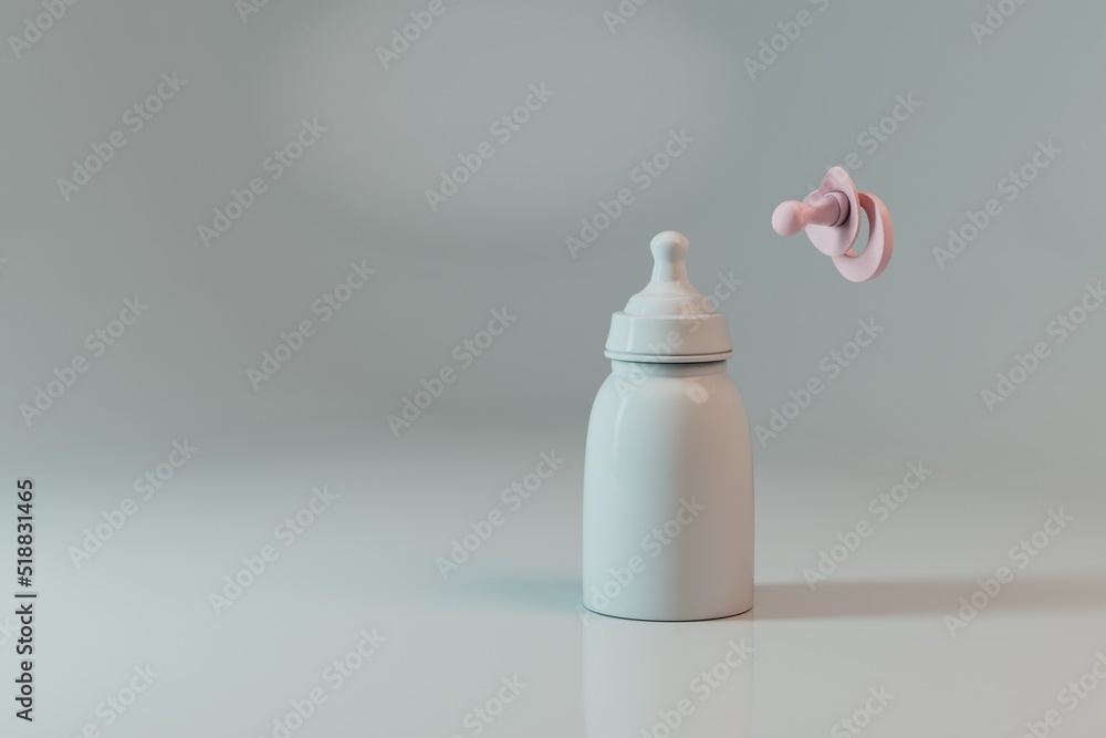 baby bottle with milk and pacifier on a white background with shadows with a place for a signature . children food. baby care. 3d illustration. 3d render baby bottle with milk and pacifier on a white background with shadows with a place for a signature . children food. baby care. 3d illustration. 3d render