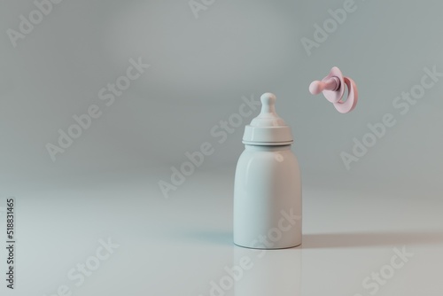 baby bottle with milk and pacifier on a white background with shadows with a place for a signature . children food. baby care. 3d illustration. 3d render