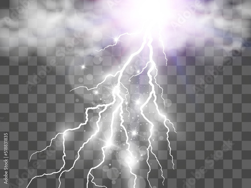 Vector image of realistic lightning. Flash of thunder on a transparent background.