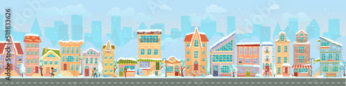 City street. Panoramic cityscape with bright houses, walking pedestrians, snow. Shop and stores. Winter city. Vector illustration in cartoon style.