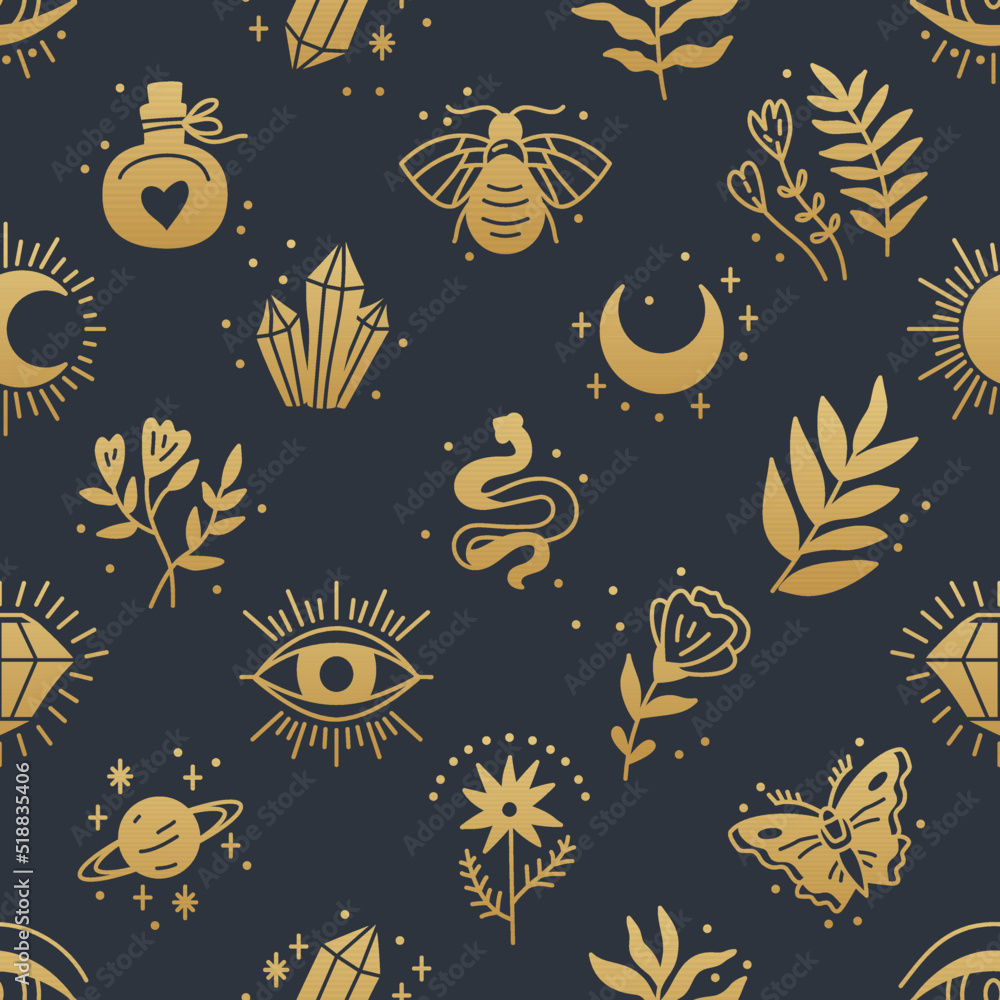 Elegant celestial seamless pattern with boho elements, moon, start ...